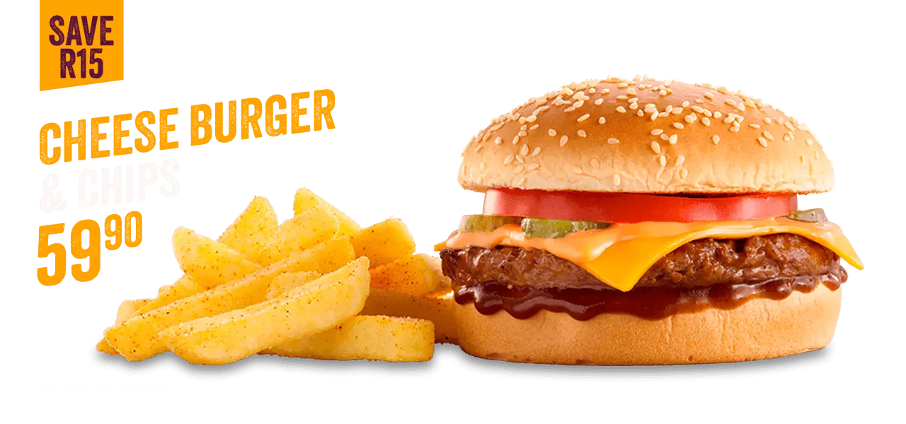 A cheese burger and chips on a grey surface with a purple background. 